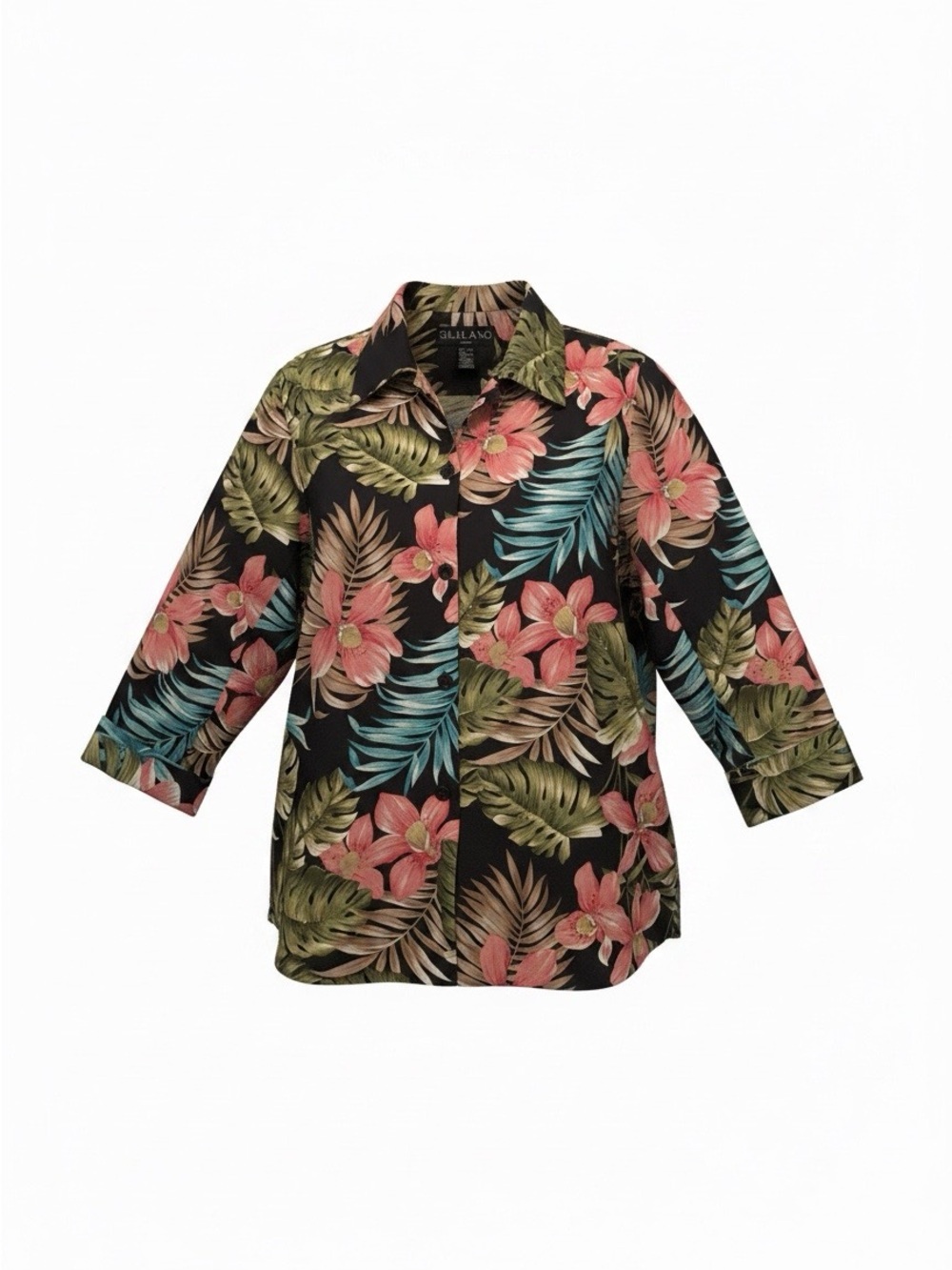 SilkLand Black Button-Down Hawaiian Shirt - Shacket w/ Floral Print -2X-tiki-